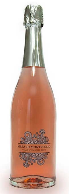 Bottiglia con etichetta di vino spumante rose, Villa di Montruglio.