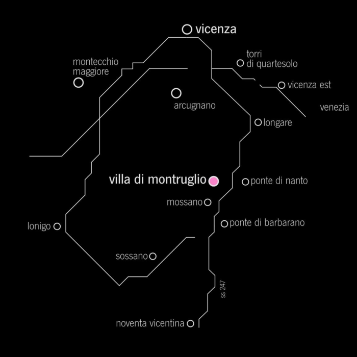 Mappa bianca su fondo nero di localizzazione della Villa di Montruglio, posta nel cuore dei colli Berici tra Mossano e Ponte di Nanto, Vicenza.